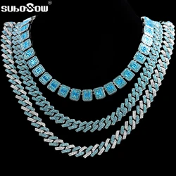 Hip Hop Men's Blue Crystal Cuban Link Chain Necklace Iced out silver color Metal Miami Cuban Choker Necklaces Fashion Jewellery