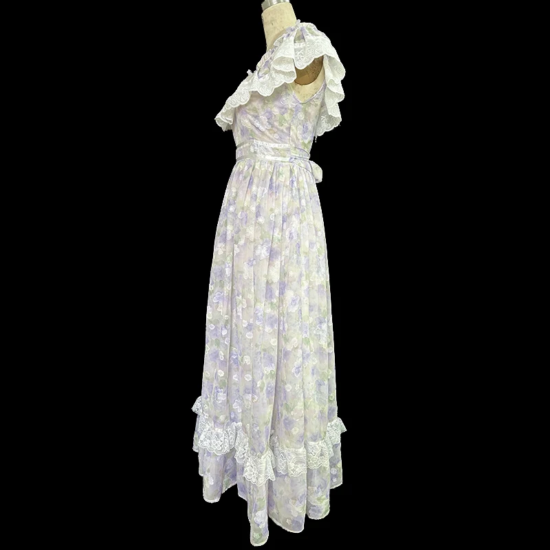 AnXin SH vintage princess violet chiffon French tea break floral o neck ruffle white flower lace zipper customized evening dress