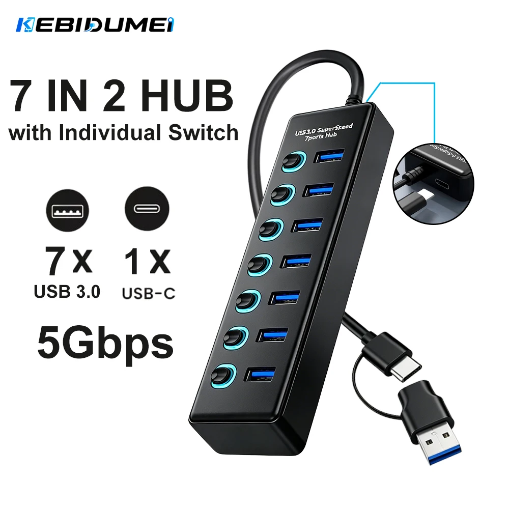 KEBIDUMEI 7-in-2 USB 3.0 Hub mit Einzelnen Ein/Aus-Schaltern 5Gbps USB-Verteiler USB-C Hub USB 3.0 Erweiterung für Laptop Macbook