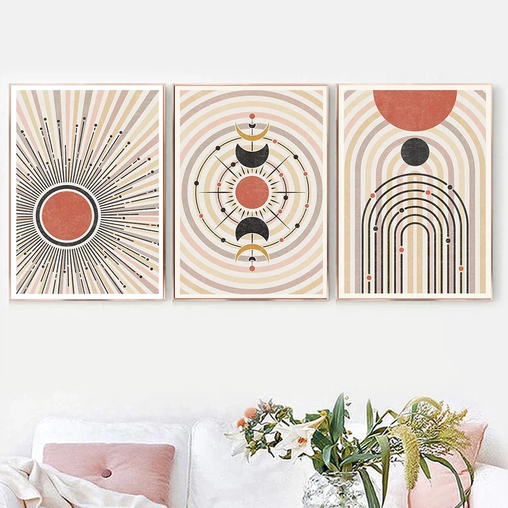 1PC Frameless  Terracotta Boho Sun Poster Abstract Geometric Posters Minimalist Print Canvas Painting Wall Art for Living Room H