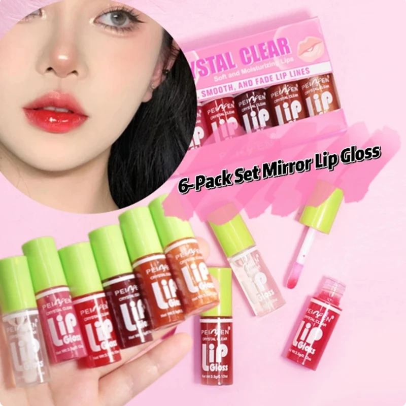 6PCS Crystal Clear Lip Gloss Set Moisturizing Transparent Charm Women Hydrating Glaze Lip Plumper Hydrating Lipstick Makeup