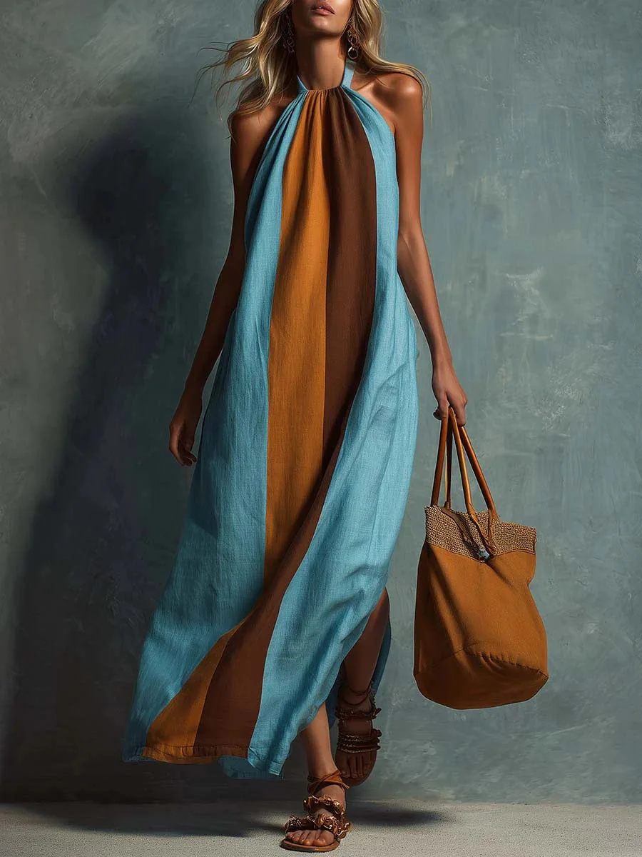 Women Color Blocking Elegant Party Dresses Halter Split Hem Long Dress Summer Sleeveless Casual Vacation Maxi Dress
