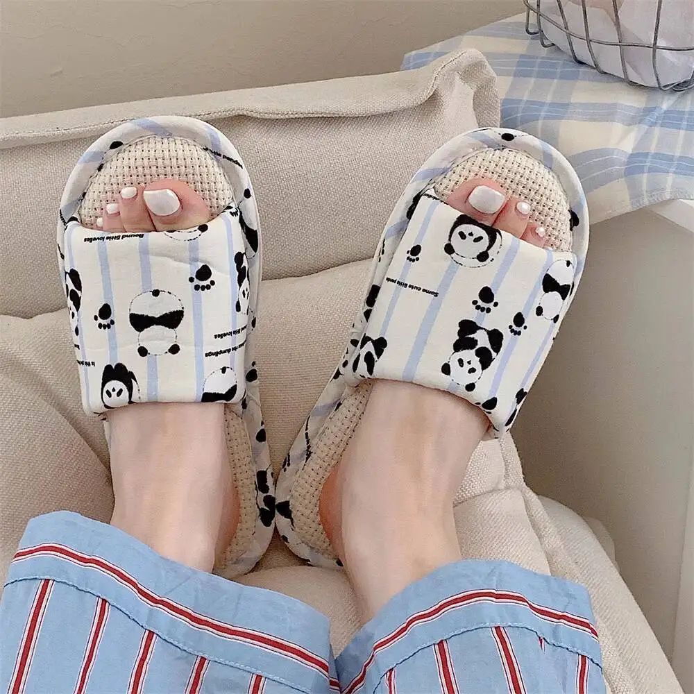 شباشب نسائية من الكتان الباندا الكرتونية للفصول الأربعة متعددة الاستخدامات للطلاب للاستخدام المنزلي شباشب من القطن والكتان ماصة للعرق للهواء #3