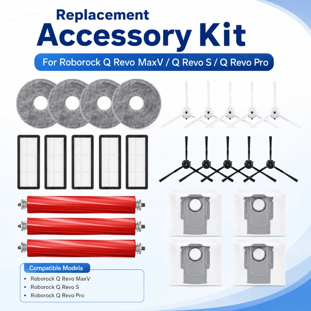 Accesorios para Robot Aspirador Roborock Q Revo MaxV/Q Revo S/Q Revo Pro: Cepillo Principal, Cepillo Lateral, Filtro HEPA, Paño de Limpieza, Bolsa para Polvo