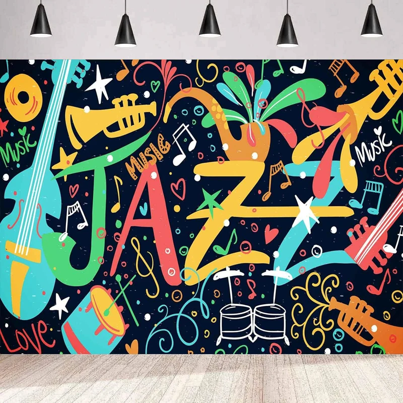 

Music Doodle Photography Backdrop Jazz Themed Background Home Party Backdrop Wall Banner Decor Poster Photo Booth