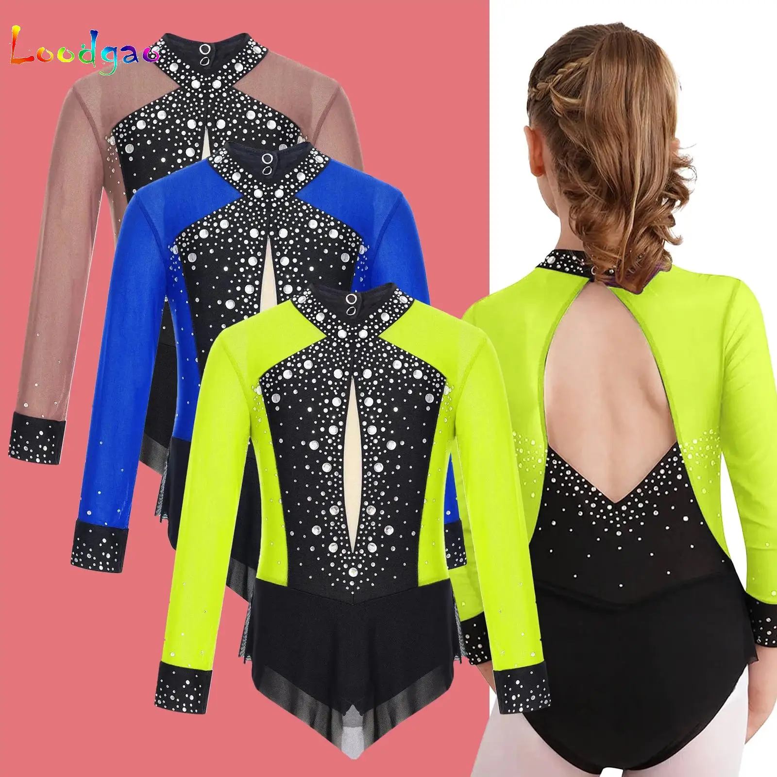 

Kids Girls Sparkly Rhinestones Leotard Color Block Sheer Mesh Skirted Bodysuit for Dance Figure Skating Rhythmic Gymnastics