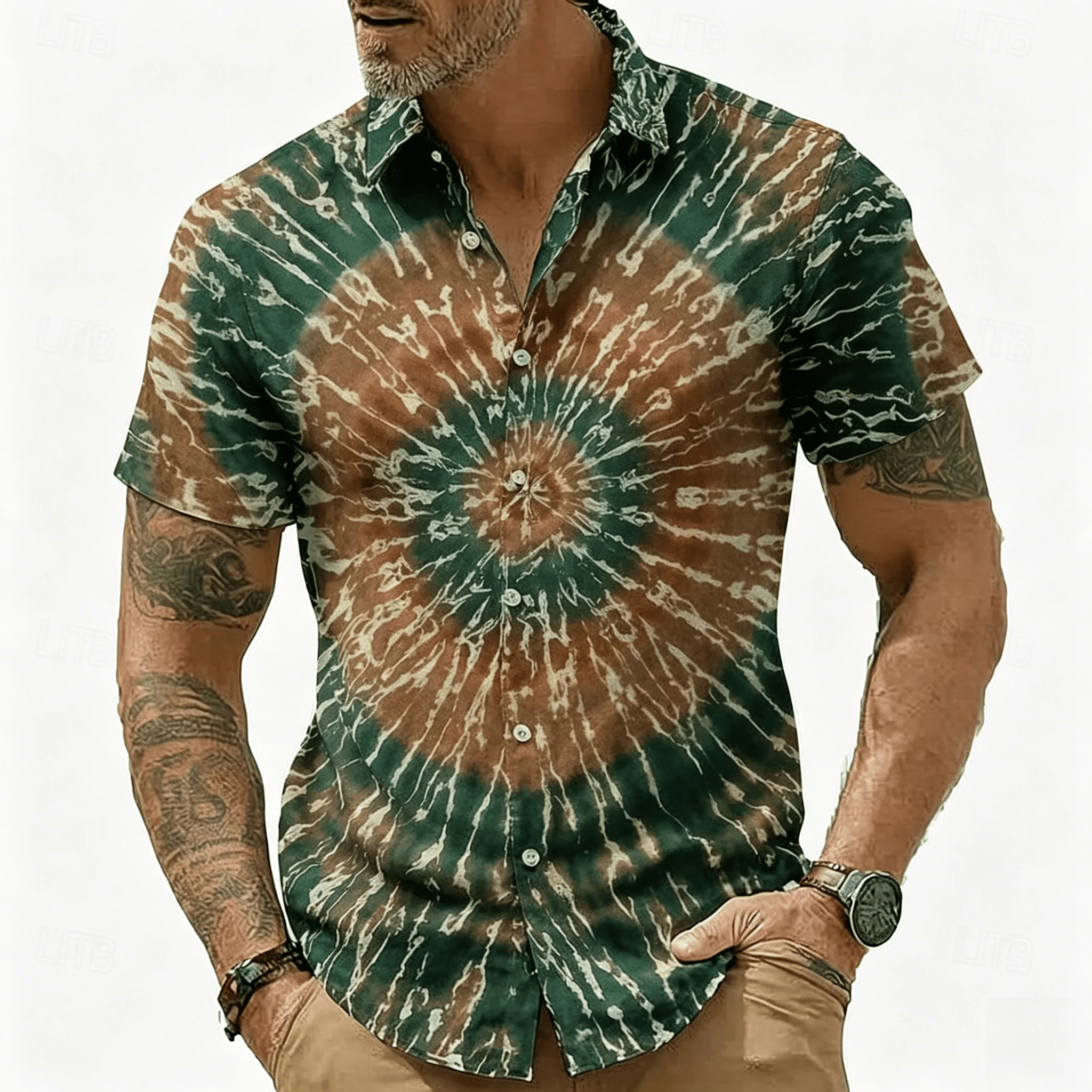Men's Neon Lightning Tie Dye Print Short Sleeve Shirt, Retro Psychedelic Button Up Shirt for Spring & Summer
