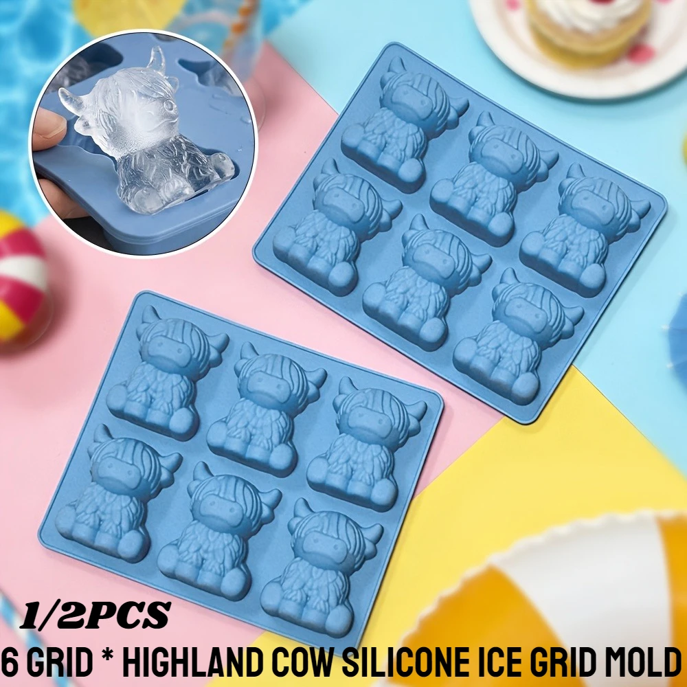 Hochlandrind-Silikonform mit 6 Fächern, Tierförmige Eiswürfelform für DIY Fondant, Kuchen, Schokolade, Eiswürfel und Backen