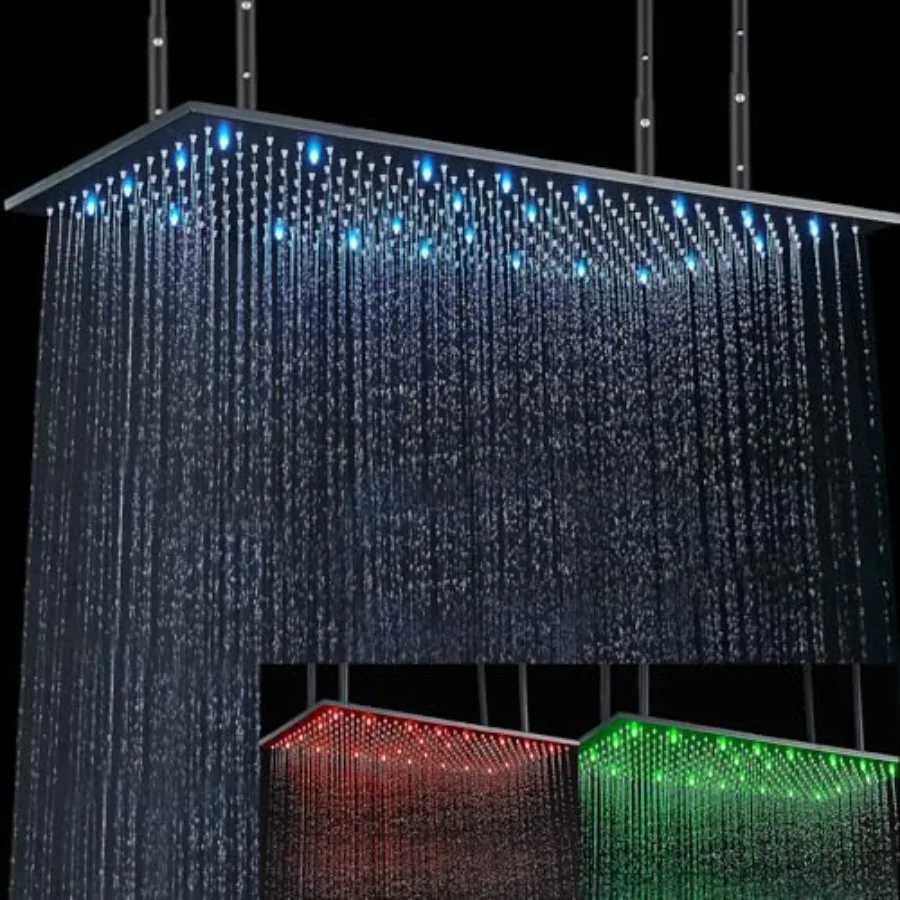 

16x32 LED Shower Head Rainfall High Pressure Stainless Steel Bathroom Ceiling Mounted Black