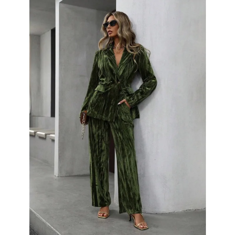 Vintage Velvet Suit Women's Casual Two-Piece Set Wide-Leg Pants with Pleated Top Blazer Long-Sleeve Straight-Leg Pants Outfit