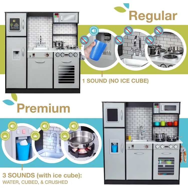 Kids Kitchen Set, Pretend Wooden Play Kitchen, Battery Operated Icemaker, Burners, Faucet & Microwave Makes Realistic Sound