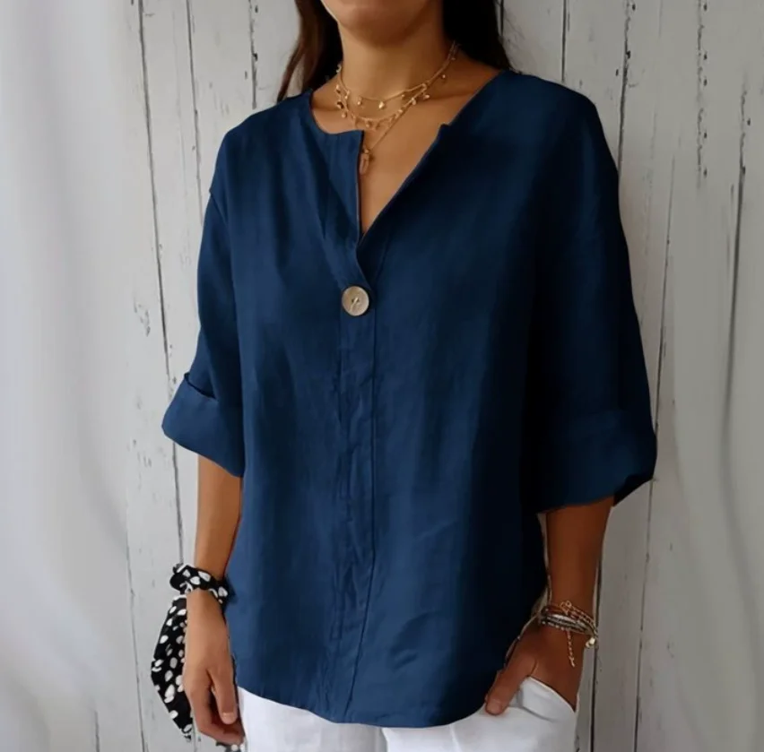 Plus Size Women's V-Neck Cotton Linen Button Top Loose Shirt Casual Shirt&Blouses Solid Fashion Elegant Office Womens Clothing