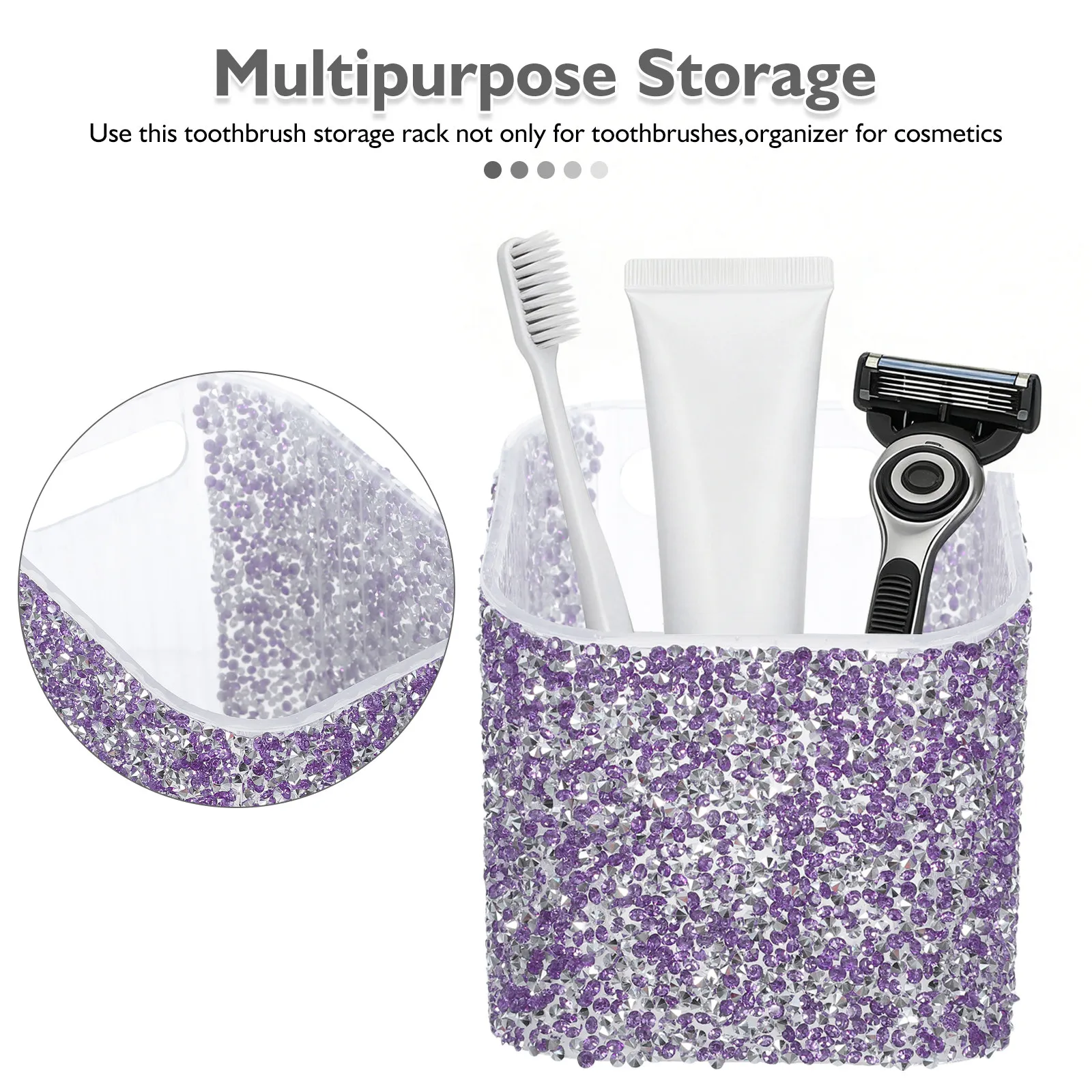 Adhesive Rhinestone Toothbrush Holder Wall Mount Violet Space-Saving Bathroom Organizer Shower Storage Rack Waterproof Glitter