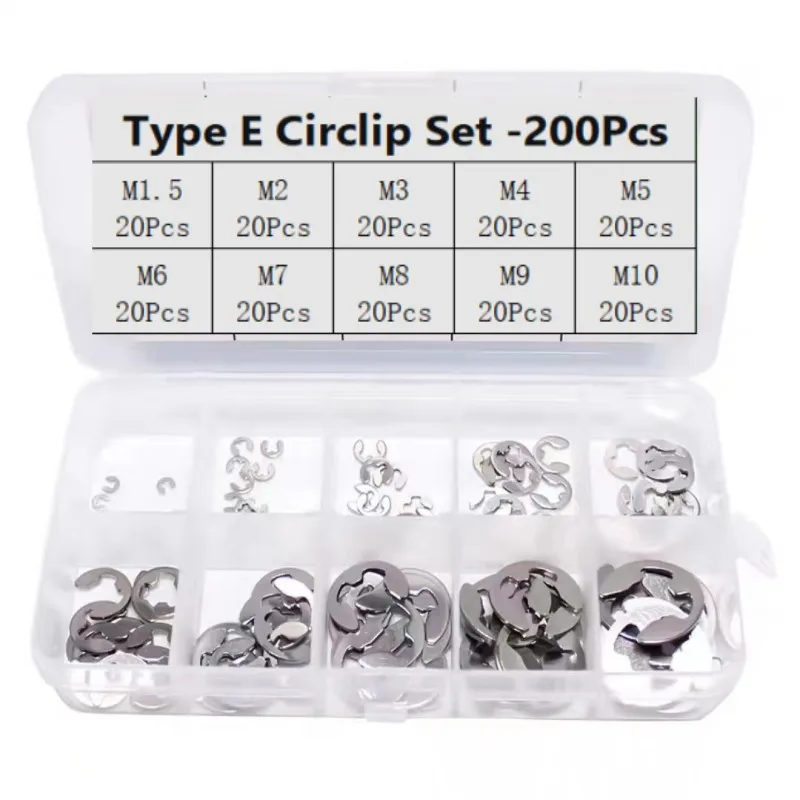 

200Pcs E Clip Circlip Washer 304 Stainless Steel External Retaining Ring Shaft Fastener Set M1.5 M2 M3 M4 M5 M6 M7 M8 M9 M10