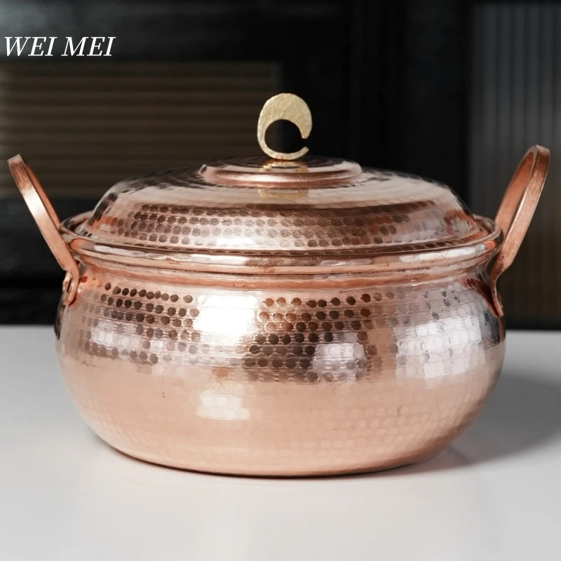 

Handcrafted Pure Copper Circle Pasta Pot,With lid Hammer Texture 18 cm Picnic Pot,Handled Skillet Flat Bottom Pan Tableware