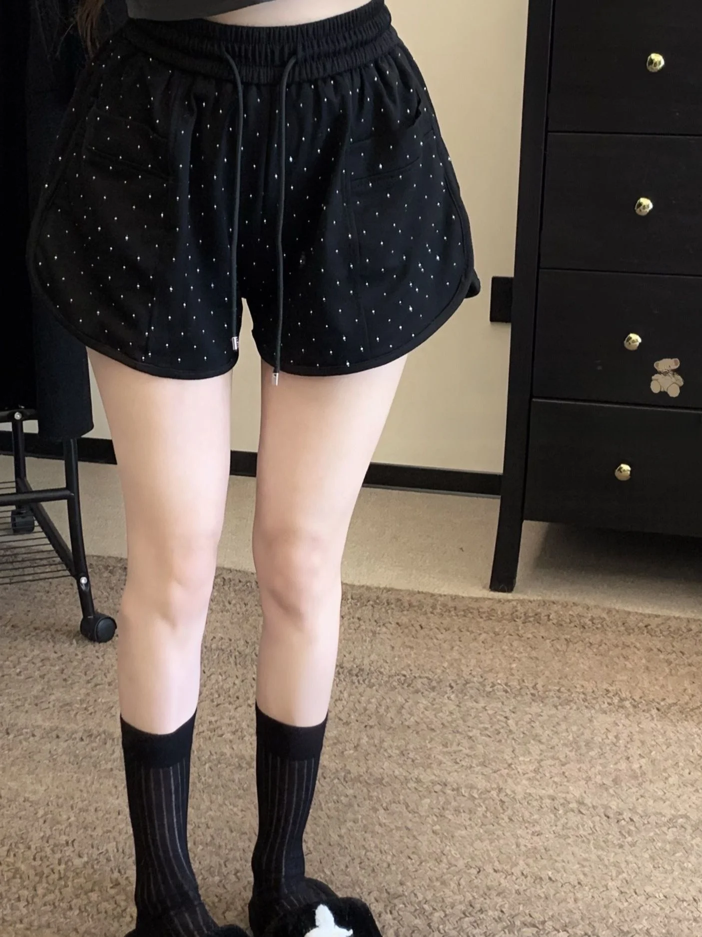 Black Design Sensation Casual Pants Women's Summer High Waist Loose Sports Pants Wide Leg Pants Short Pants Rhinestone Hot Pants