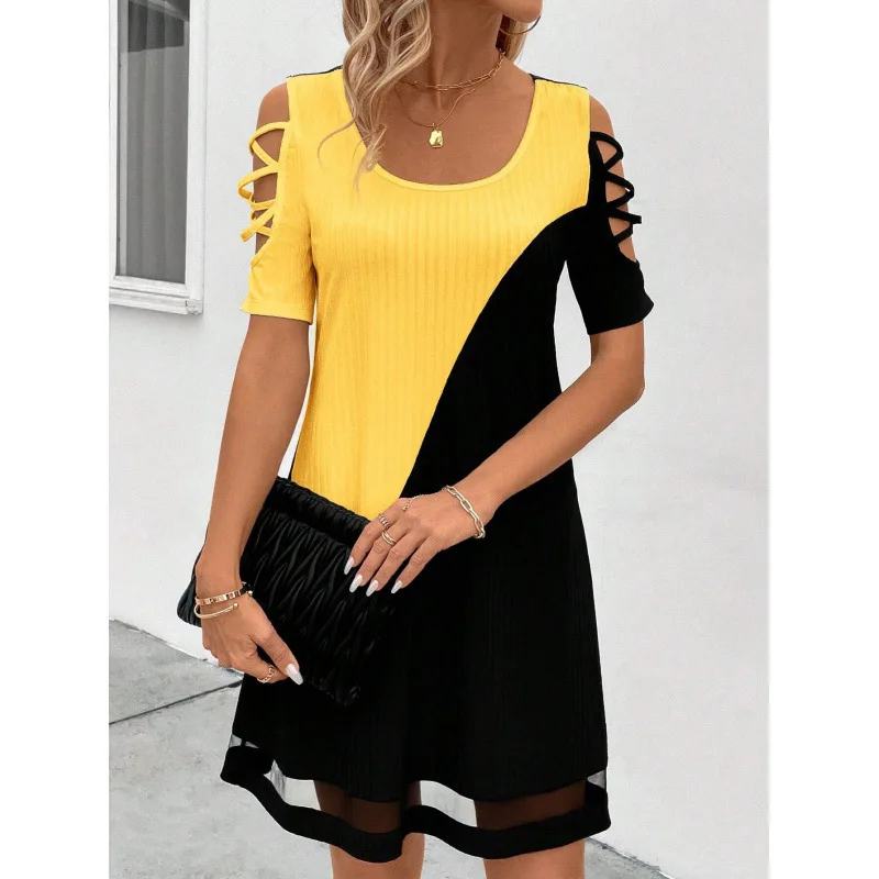 Women Dresses 2026 spring summer autumn hollowed-out mesh fabric color-blocking continuous dress for women's clothing vestidoes