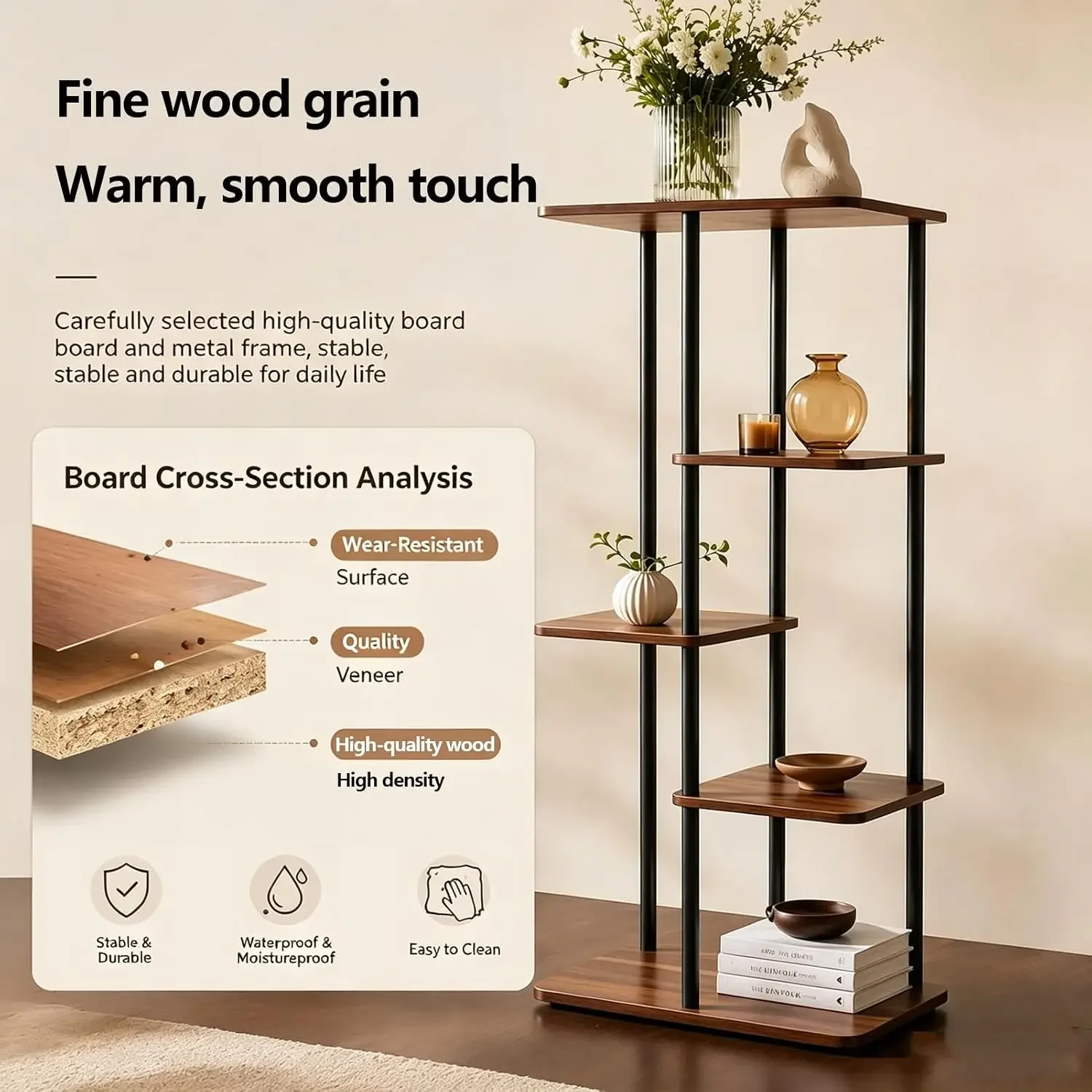 5-Tier Staggered Indoor Plant Stand – Metal with Wood-Grain Finish | Fine wood grain, thickened shelves, easy installation; suit