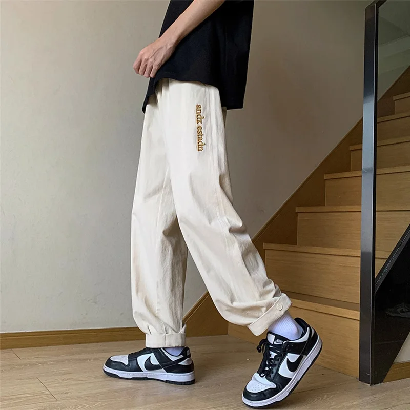 

Молодежные летние свободные брюки в стиле Харадзюку с вышивкой, дышащие повседневные мужские брюки свободного кроя, японская ретро-спецодежда