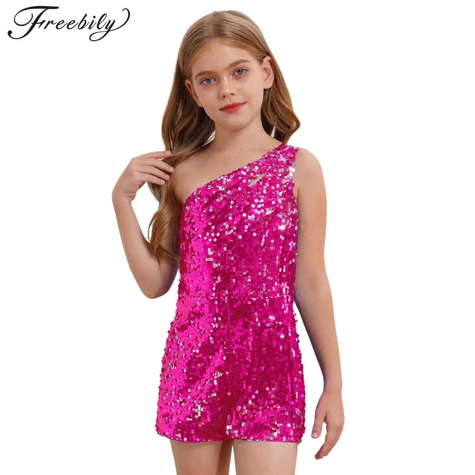 Body de danse Jazz à paillettes brillantes pour filles, asymétrique épaule dénudée, barboteuse courte, fête de mariage, bal, salle de bal, vêtements de danse de Performance Cha-Cha