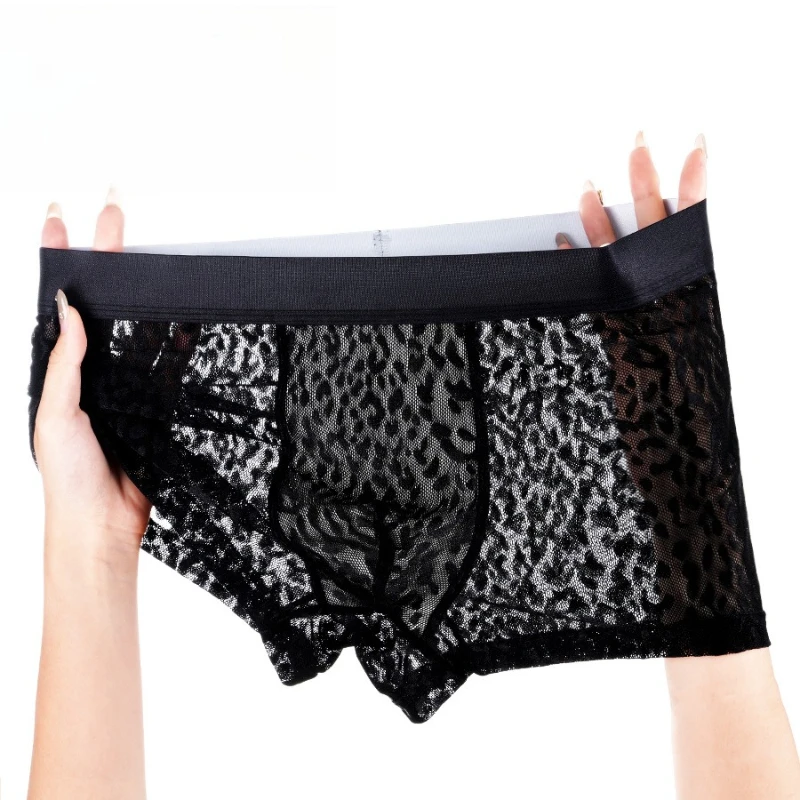 

Men's Boxer Underwear Mesh Leopard Panties Thin Breathable Boxers High Elastic Transparent U Convex Pouch Lingerie Underpants