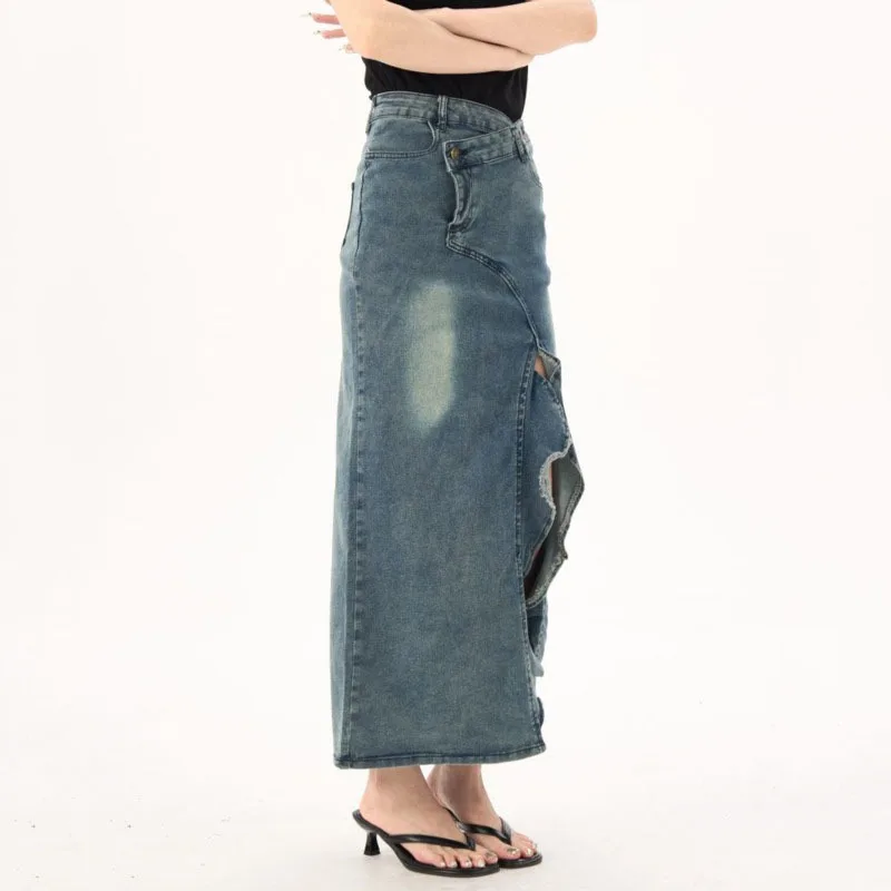 ANJY Summer New Women American Retro Denim Skirt Distressed Split Ruffles Asymmetric Streetwear Elegant Stylish Y2K Skirts A8888