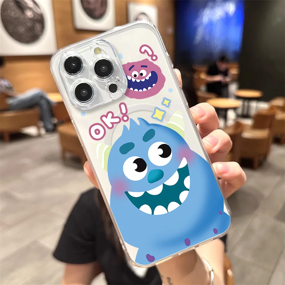 MINISO Cute Wazowski Phone Case for iPhone 12 11 13 14 15 16 Max Pro Plus Transparent Magsafe Magnetic Wireless Cover