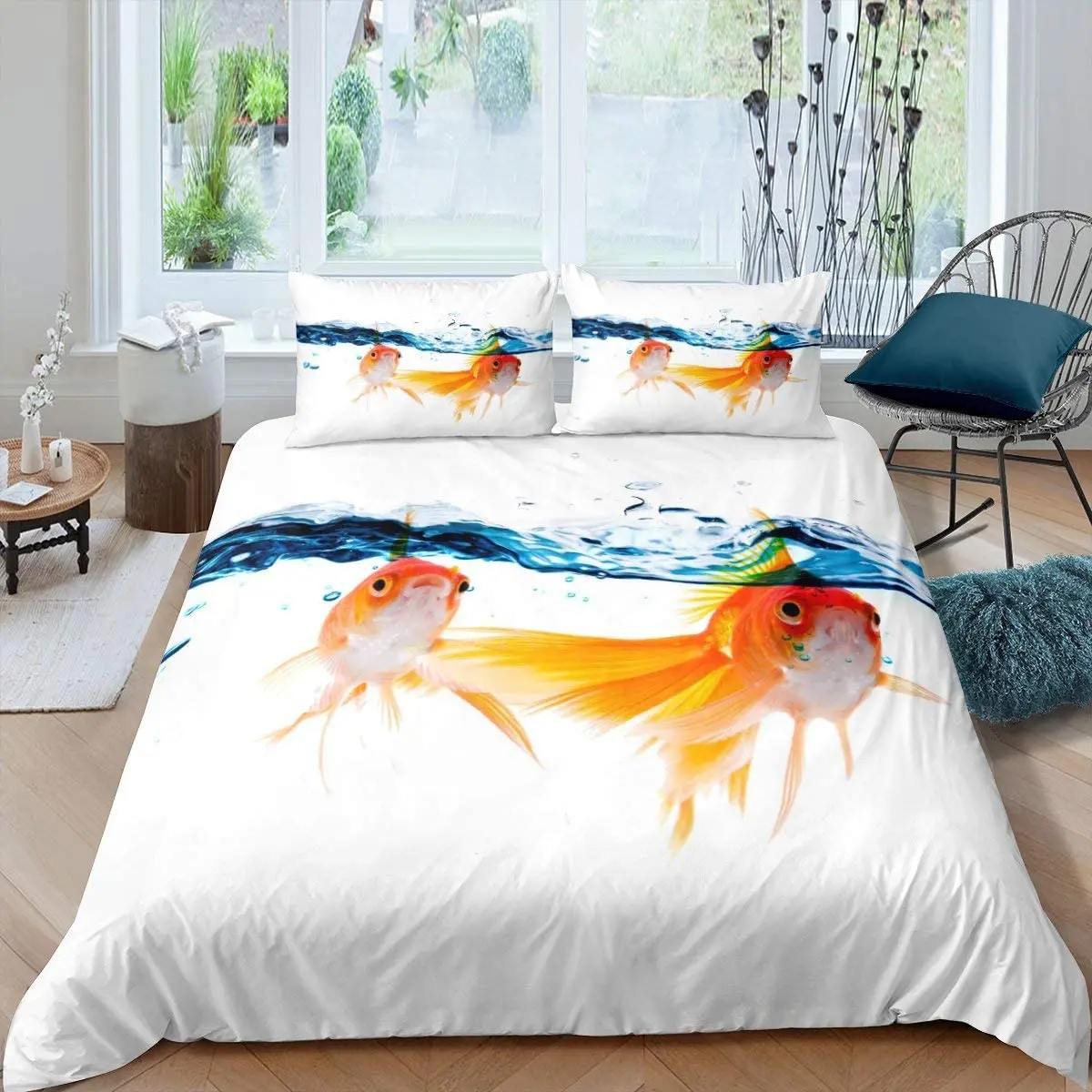 Goldfish Duvet Cover Set Ocean Life Comforter Cover Wave Splash Bedding Set Polyester Abstract Art Single Queen King Quilt Cover