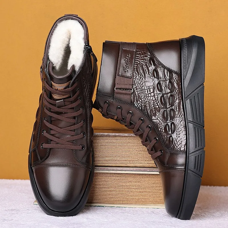 Genuine Leather Boots Men\'s Plush Wool Boots For Men Warm Snow Cotton Shoes Botas Para Hombre Botas Masculinas Em Couro Botines