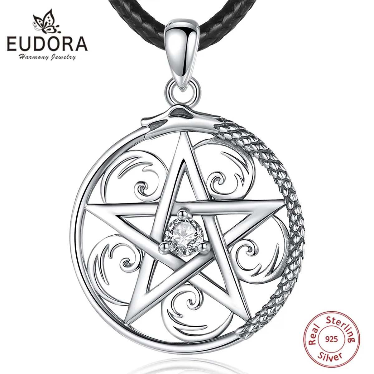 EUDORA 925 Sterling Silver Pentagram Necklace for Women Man Wiccan Guardian Star Tetragrammaton Pendant Personality Jewelry Gift