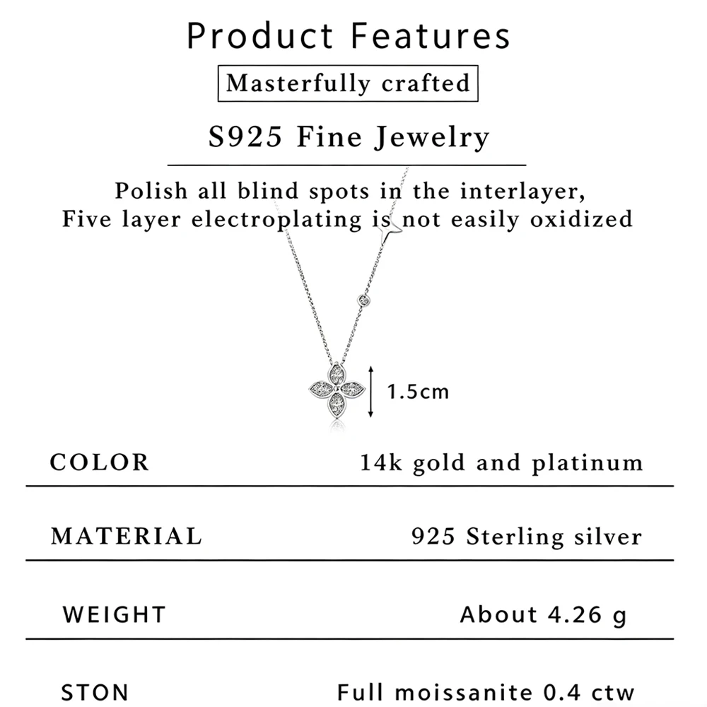 0.4CTW Moissanite Four Leaf Flower Pendant Necklace S925 Dainty Choker for Women Star Accent Chain Wedding Party Fine Jewelry