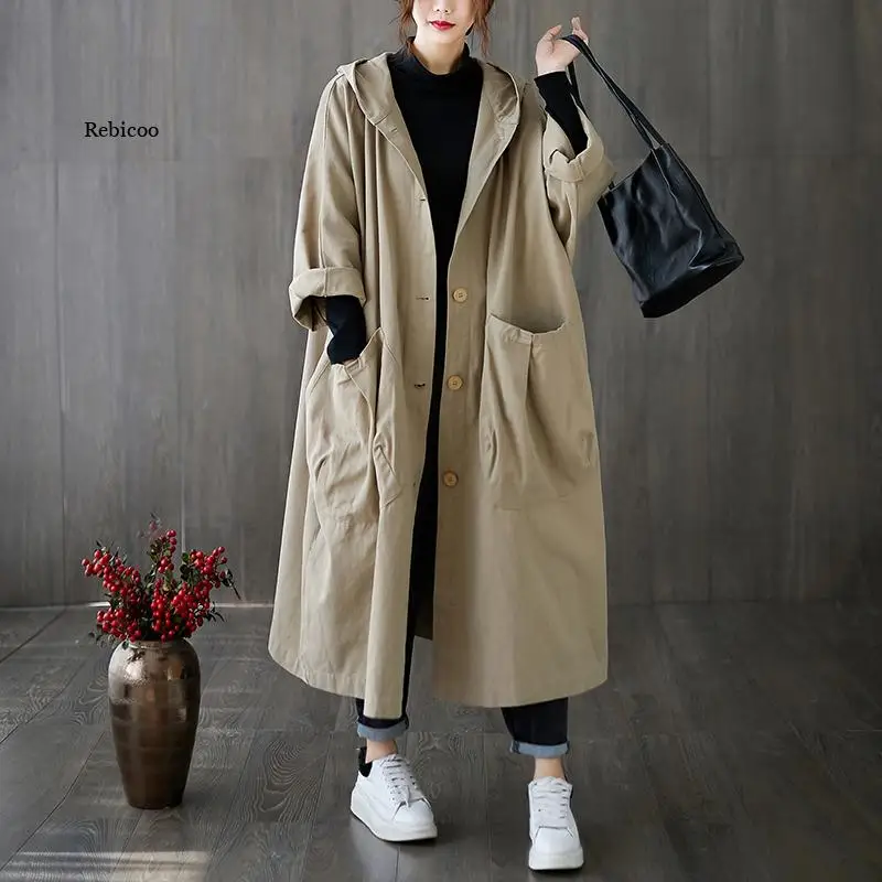 

Woman Long Coat Fashion Korean Windbreaker Big Size Ladies Trench 2021 Autumn Hooded Loose Pockets Cardigan Women Long Coat