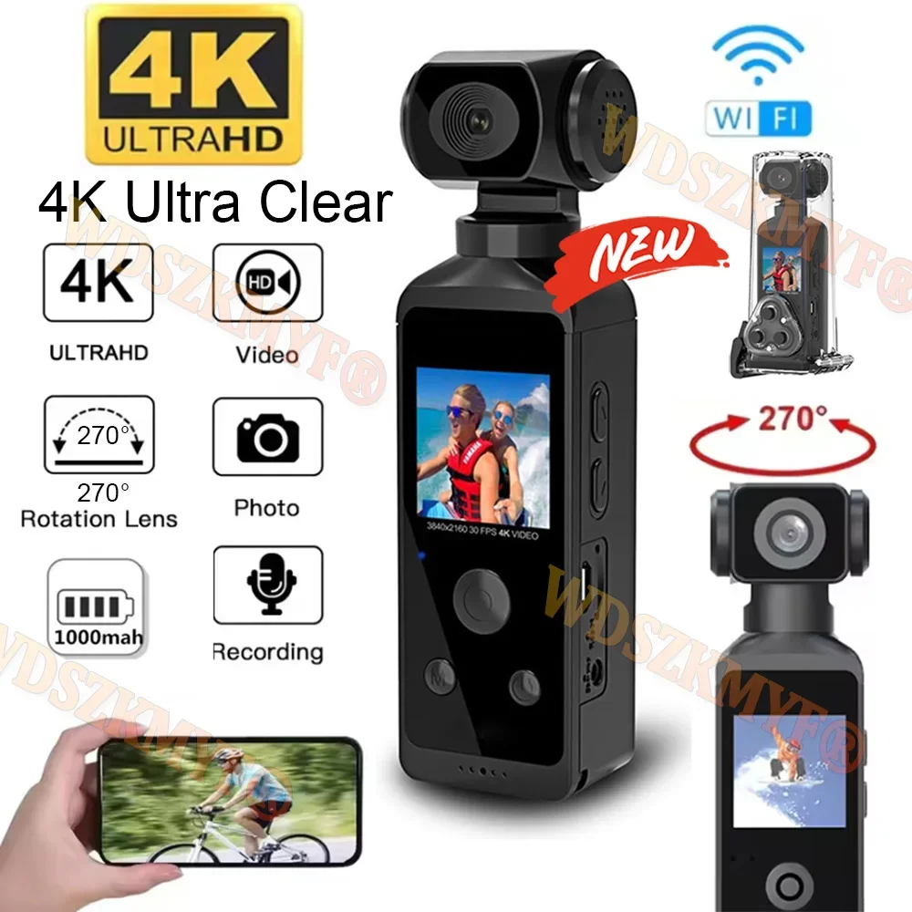 

4K Ultra HD WIFI Pocket Action Camera 270° Rotatable Vlog Mini Sports Cam Waterproof Case Helmet Travel Bicycle Driver Recorder