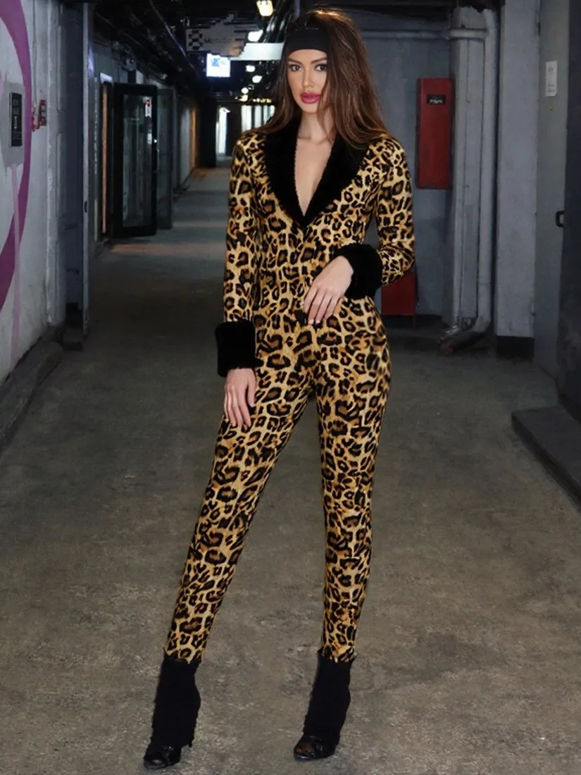 

Sexy V-ne Fur Collar Patchwork Jumpsuit Women's Faionable Thiened Long Sve One-Piece Suit Mid-Year Winter Collection