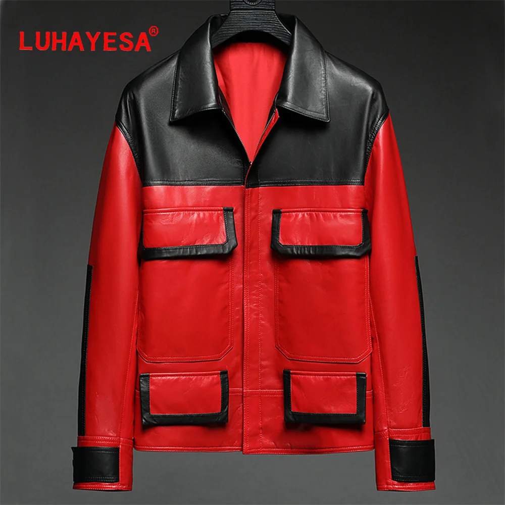 LUHAYESA New Sheepskin Leather Clothing Men Spring Autumn Genuine Leather Jacket Red Yellow Sheep Coat