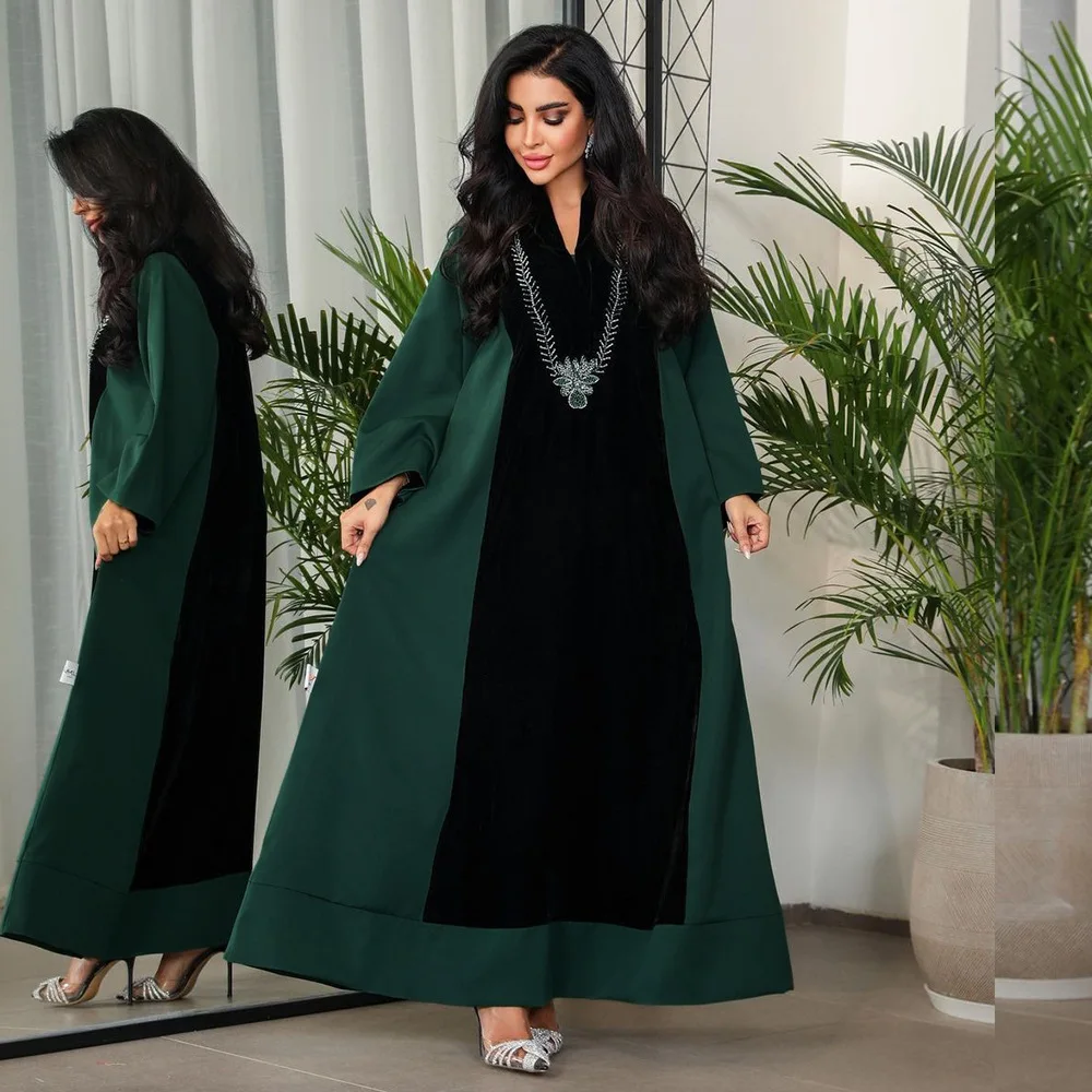 

Vintage Green Splicing Abaya Diamonds Jalabiya Kaftan for Women Dress Big V-neck Dubai Robe Maxi Long Gown Muslim Arab Ramadan