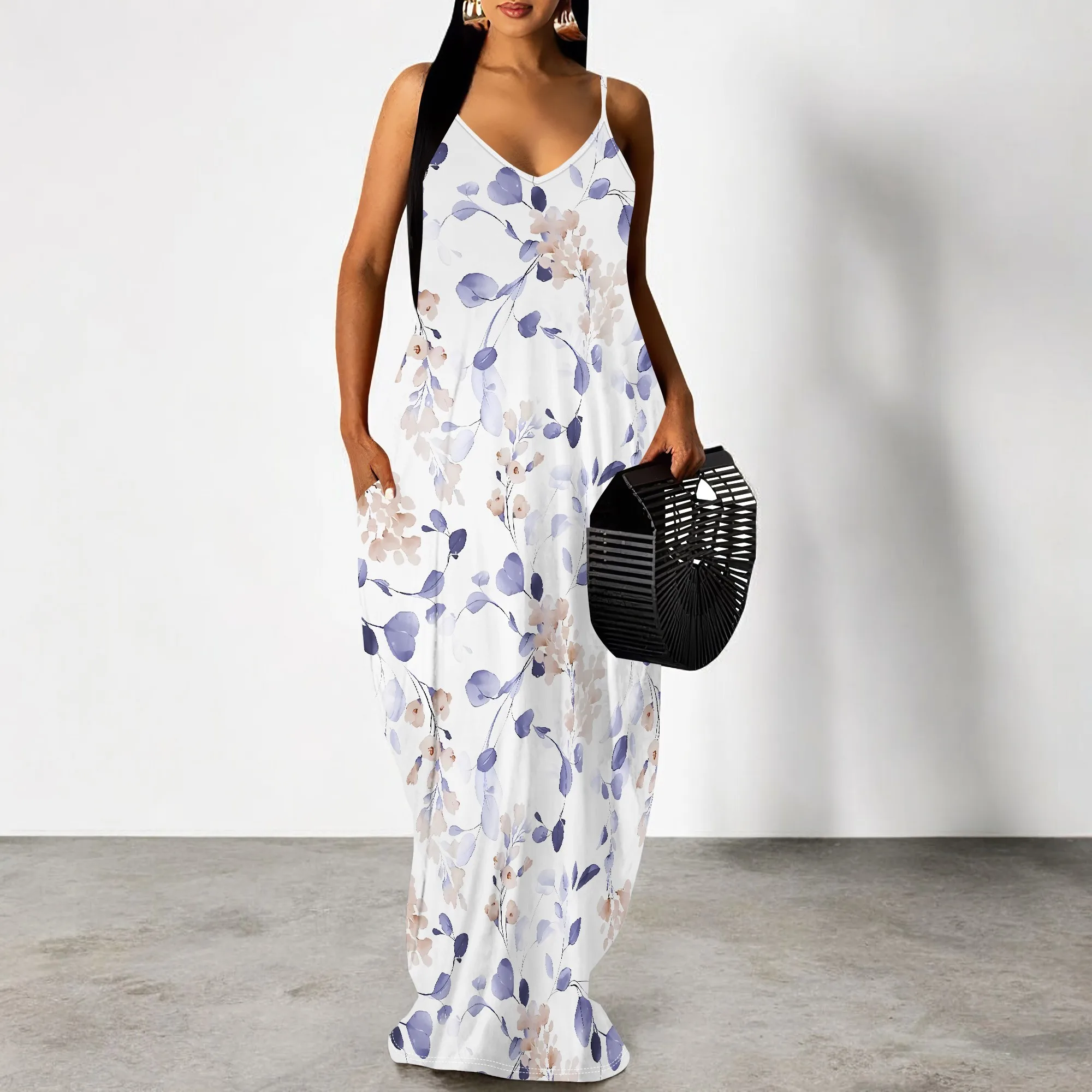 

EQQZD Stylish Sleeveless Spaghetti Strap Maxi Dress, Trendy Sexy V-Neck Floral Print Dress with Pockets