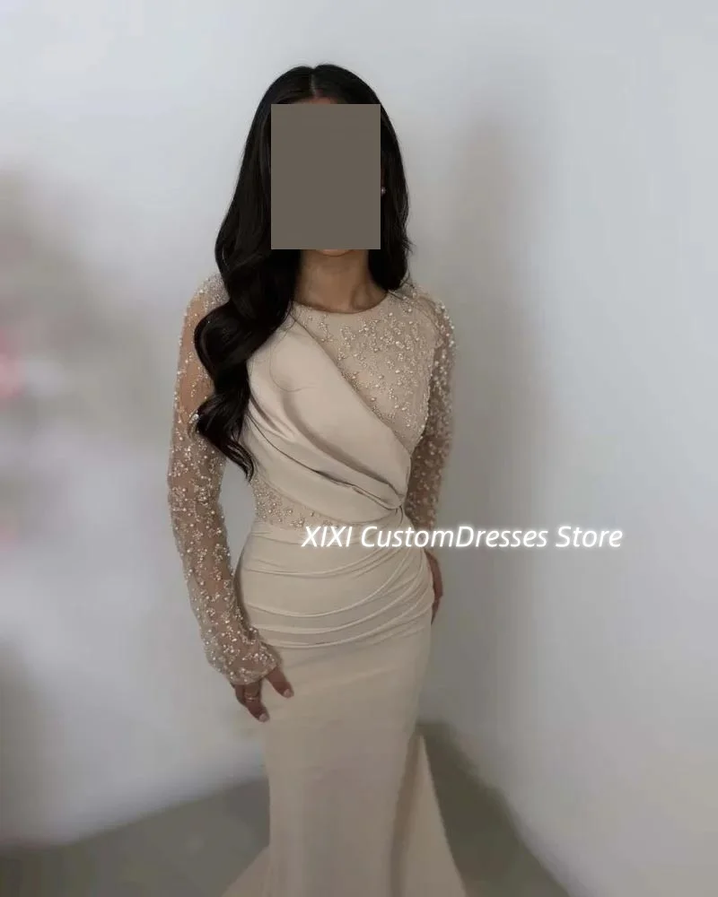 Prom Dresses A-Line Split Scoop Neckline Customize Floor-Length Ruffle Elegant And Pretty Women'S Dresses Zipper Up Long Sleeves