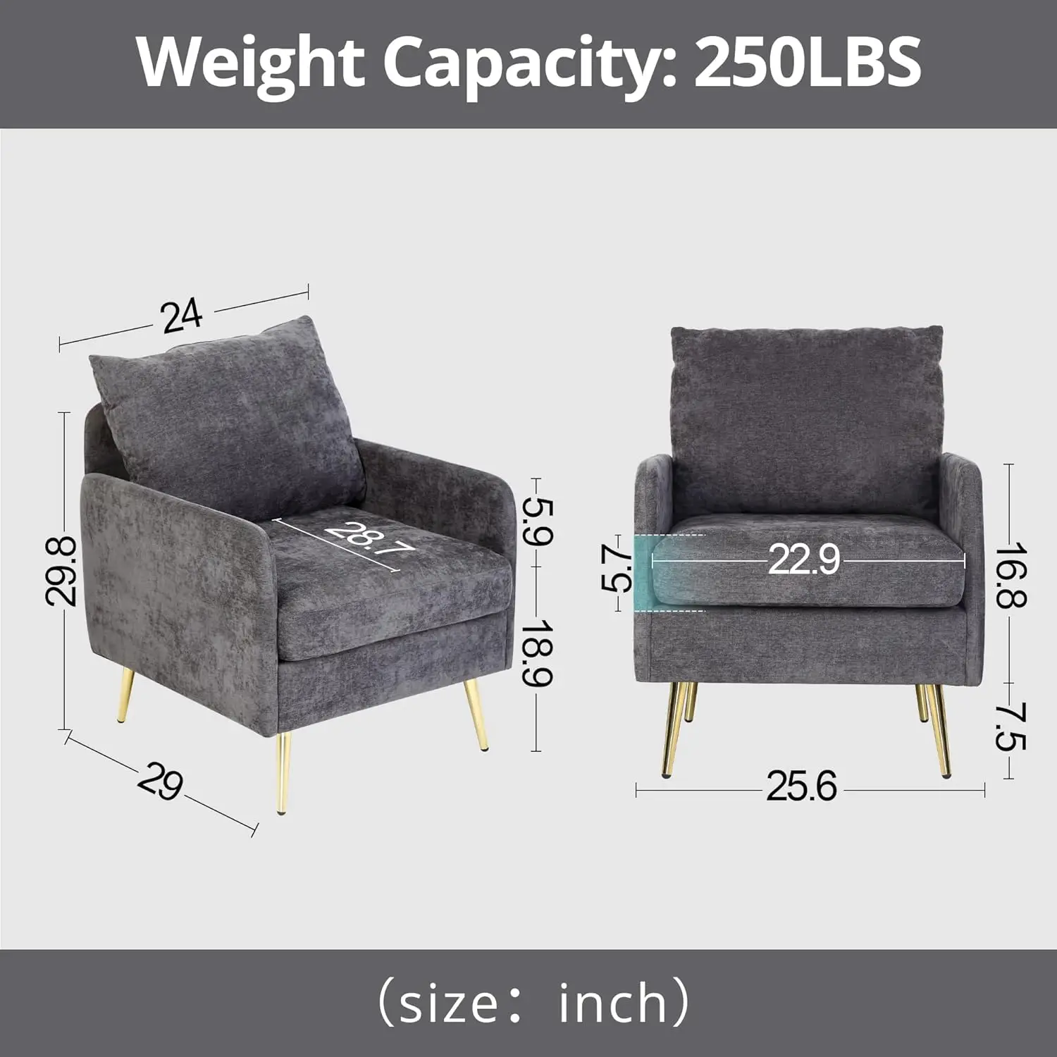 Modern Accent Chair For Living Room, Cozy Upholstered Armchair With Thick Cushion And Golden Metal Legs, Single Sofa Chair With