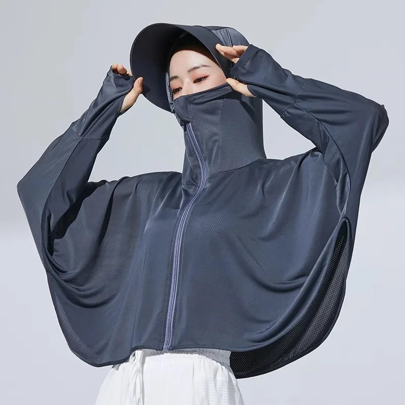 Summer Ice Silk Sun Protection Quick Dry Jacket Skin Windbreaker Hooded Shade Outdoor Mask Protection Coat Woman Clothing Z509