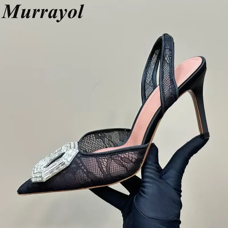

New Rhinestone Decor Sexy Thin Hight Heels Sandalias Women Pointed Toe Lace Sandals Summer Party Dress Shoes Wedding Shoes