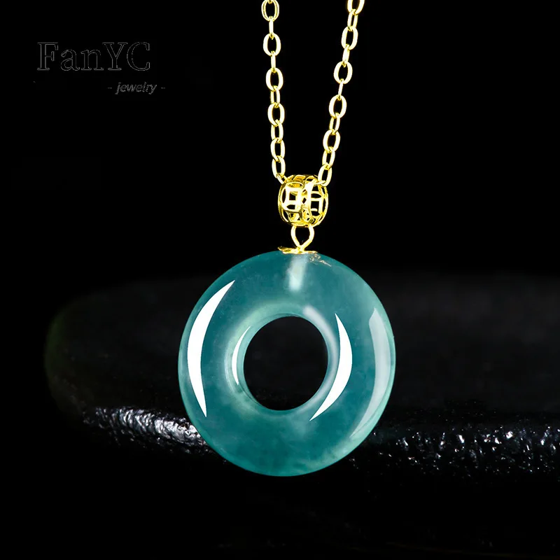 Natural Jadeite Blue Water Donut-Shaped Jade Ring Pendant High-End Charming Ice-Type Jade Necklace Fashionable Gift for Women
