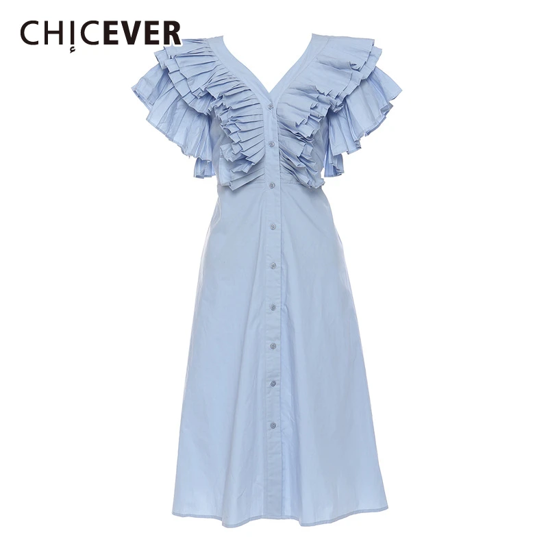 CHICEVER Sweet Temperament A Line Midi Dresses for Women V Neck Ruffles Sleeve Patchwork Buttons High Waist Elegant Dress Female