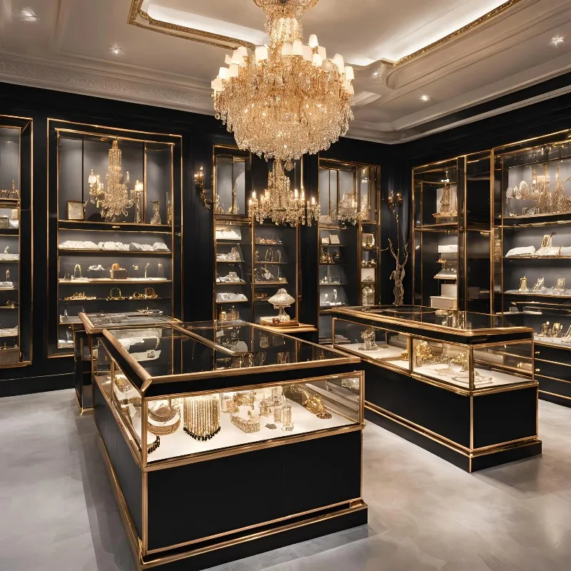 Vitrina de cristal de madera con cerradura de moda, vitrina de joyería con luz LED de acero inoxidable, caja para muebles