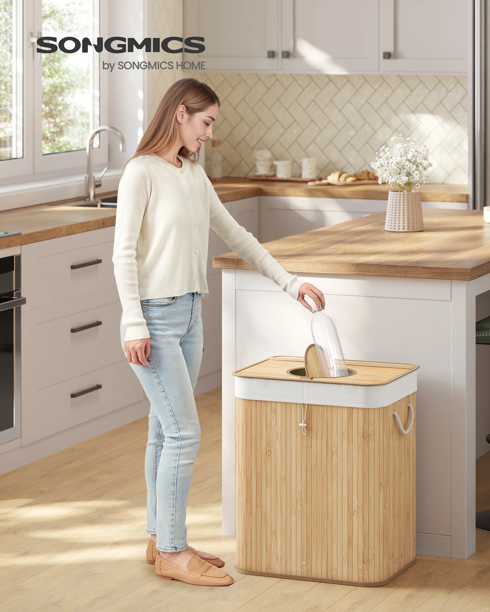 حاوية جمع الزجاجات القابلة للإرجاع من SONGMICS، حاوية زجاجات قابلة للإرجاع سعة 95 لترًا، من الخيزران، أفرغت مجمع الزجاجات، حاوية إعادة التدوير #1