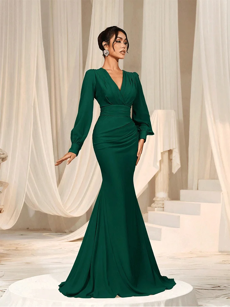 V-Neck Long-Sleeved Chiffon Multi-Color Floor-Length Evening Dress Dark Green Long-Sleeved Chiffon Evening Dress for Women