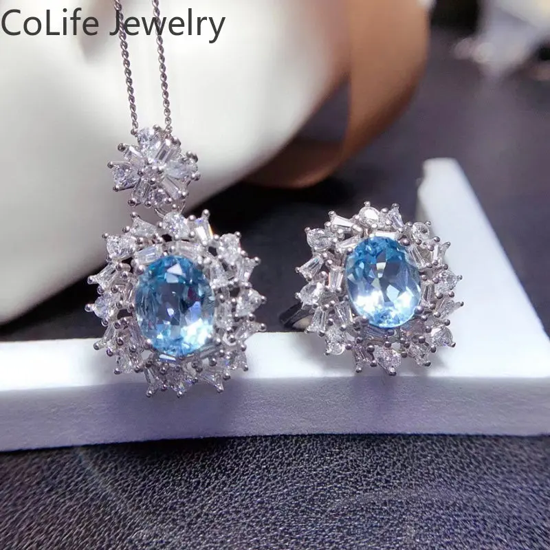 

Light Blue Topaz Ring and Pendant for Wedding Total 4ct 7*9mm Natural Topaz Jewelry Set Gold Plating Gemstone 925 Silver Jewelry