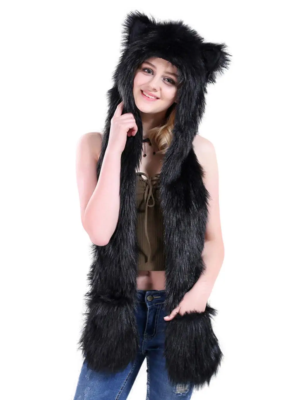 Black Bear, Faux Fur Hood Animal Hat Ear Gloves 3 in1 Fleece Hooded Plush Warm Earmuff Animal Cap with Scarf Gloves