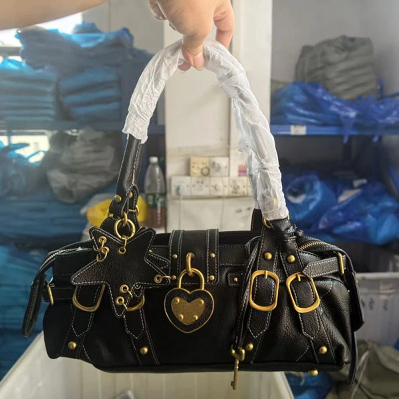 SHELKSBAG Women Vintage Y2K Handbag Heart Lock Star Charm Shoulder Bag PU Leather Rivet Buckle Design Daily Underarm Tote Purse view 3
