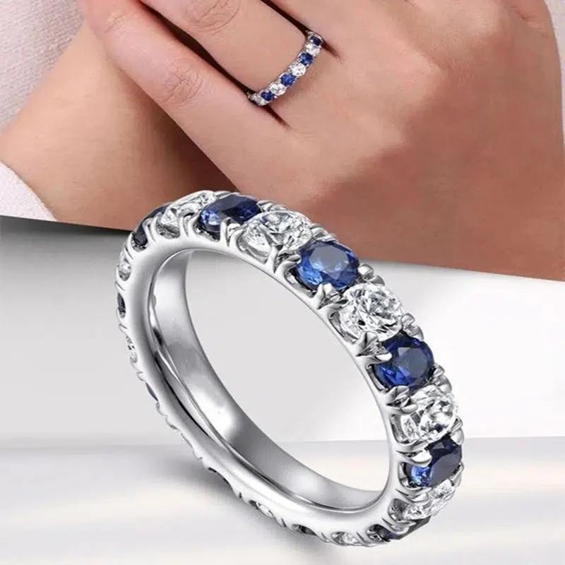 Huitan Blue/White Round Cubic Zirconia Promise Rings for Women Wedding Engagement Bands Accessories Fashion Jewelry 2023 New